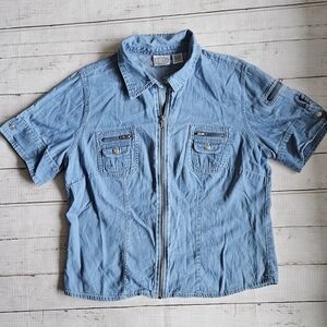 Carolina Blues Vintage Denim Zip Front‎ Utility Shirt Light Wash Cotton Large